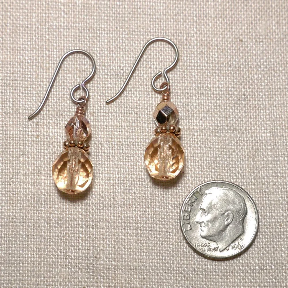 Hand Crafted Handmade Earrings Peach Czech Glass Beaded Dangle Earrings - Picture 3 of 4